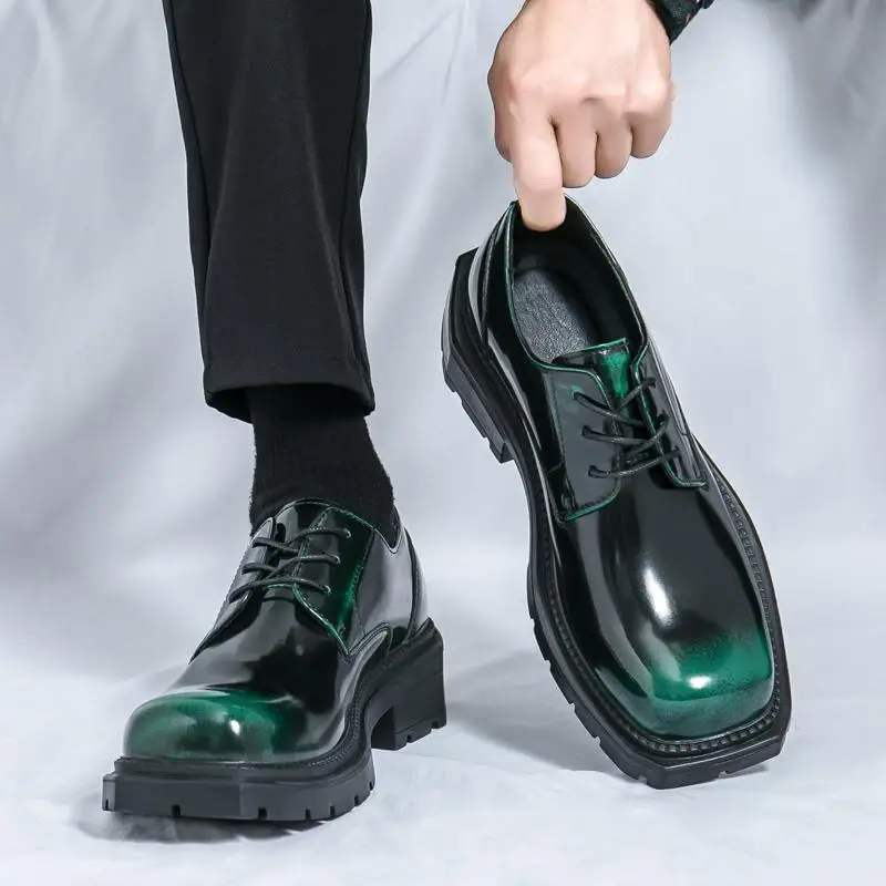 Мужские кожаные туфли с квадратным носком модные британские на толстой подошве