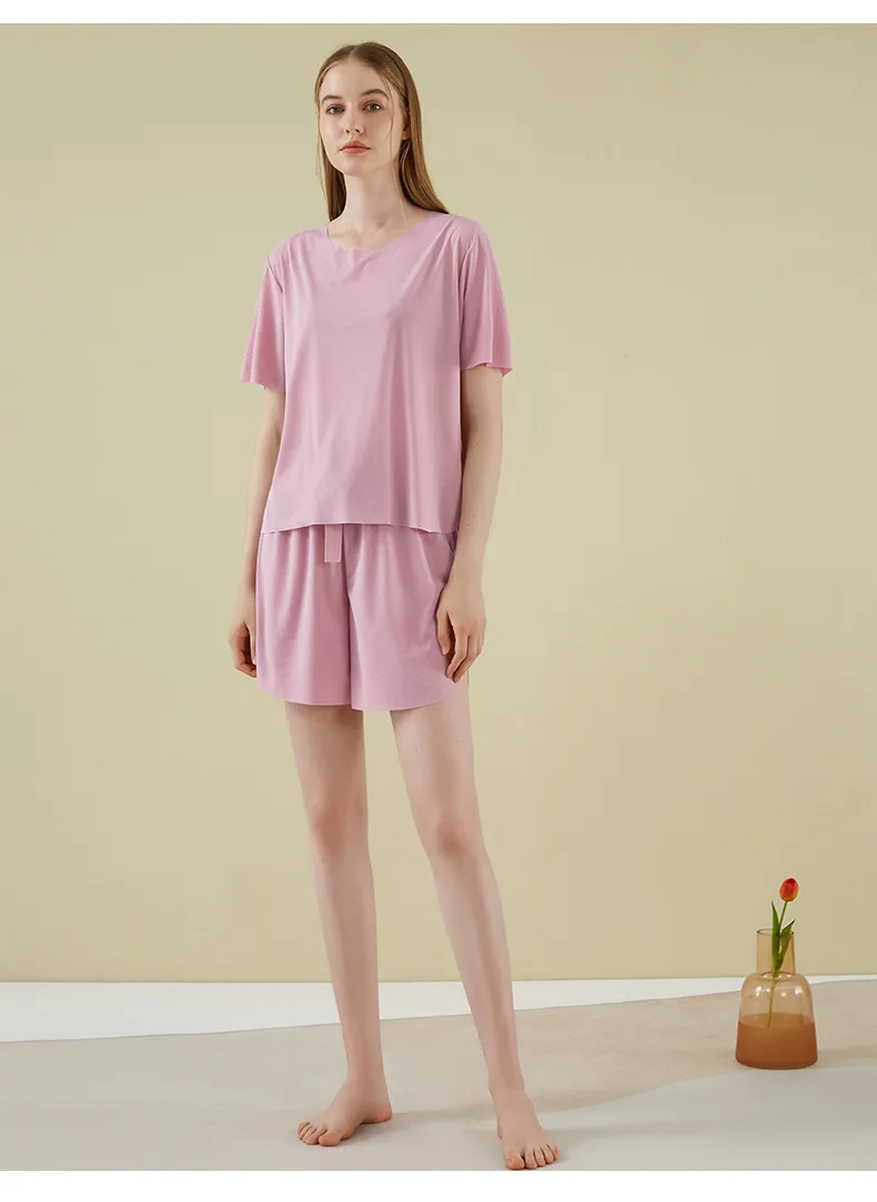 Women's Pajamas Two Piece Set Short Sleeve Shirt Top Lace-up Cropped Pants Outer Wear Loungewear Comfortable Women Pijamas Sets