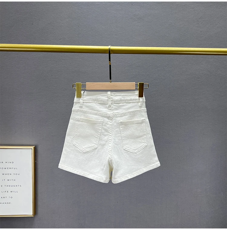 SHUMENG Streetwear Women's Full Diamond White Denim Shorts 2023 Summer Casual Stretch High Waist Short Jeans Hot Pants Female