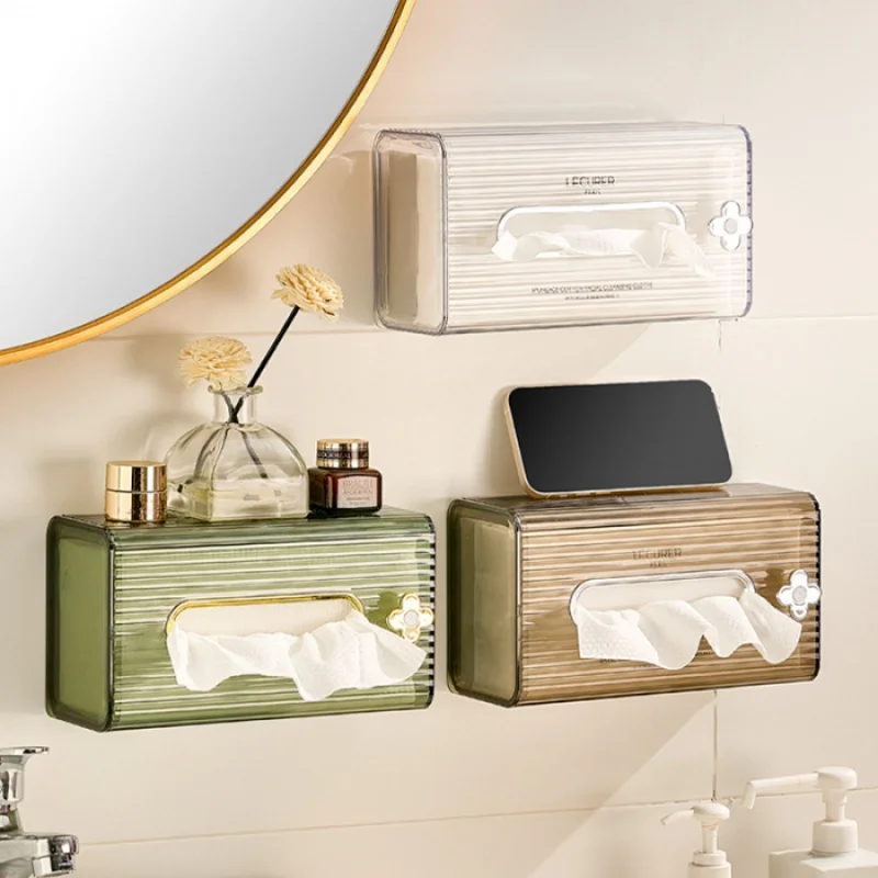 

Wall-Mounted Tissue Box Punch-Free Drain Paper Box Light Toilet Kitchen Washcloth Storage Box Household Organizer For Napkin Hai