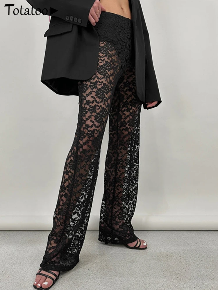 Женские сексуальные кружевные прозрачные прямые брюки с высокой талией широкие
