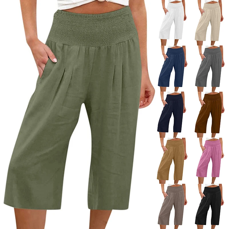 Women Summer High Waist Elastic Waist Capris Pants Short Pants Wide Leg Pants Capri Jogger Trousers Fashion Sports Pants