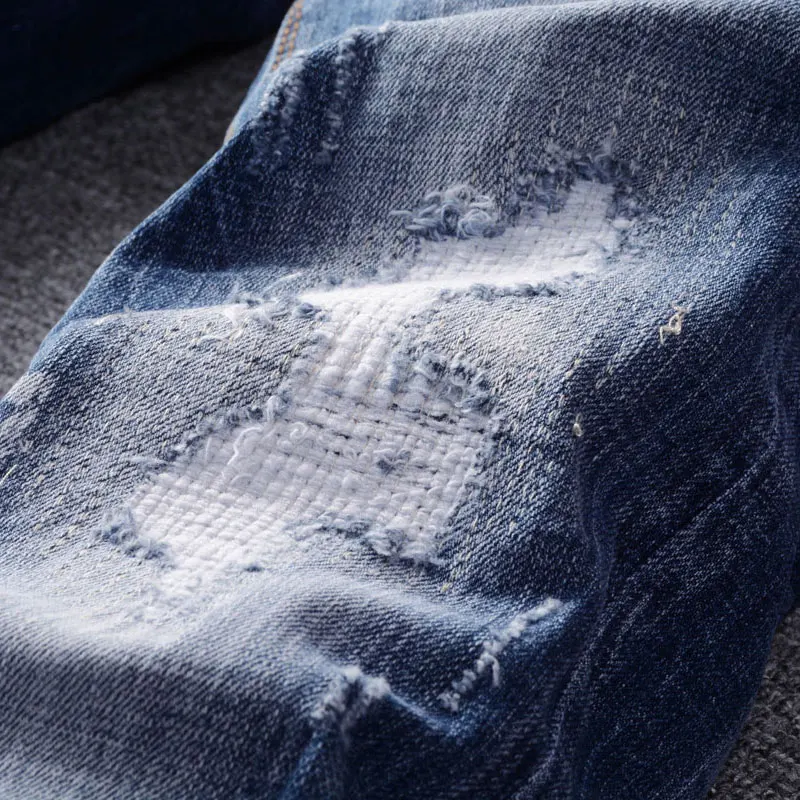 Fashion Designer Men Jeans Retro Blue Slim Fit Stretch Paint Ripped Jeans Men Trousers Patched Vintage Casual Denim Pants Hombre