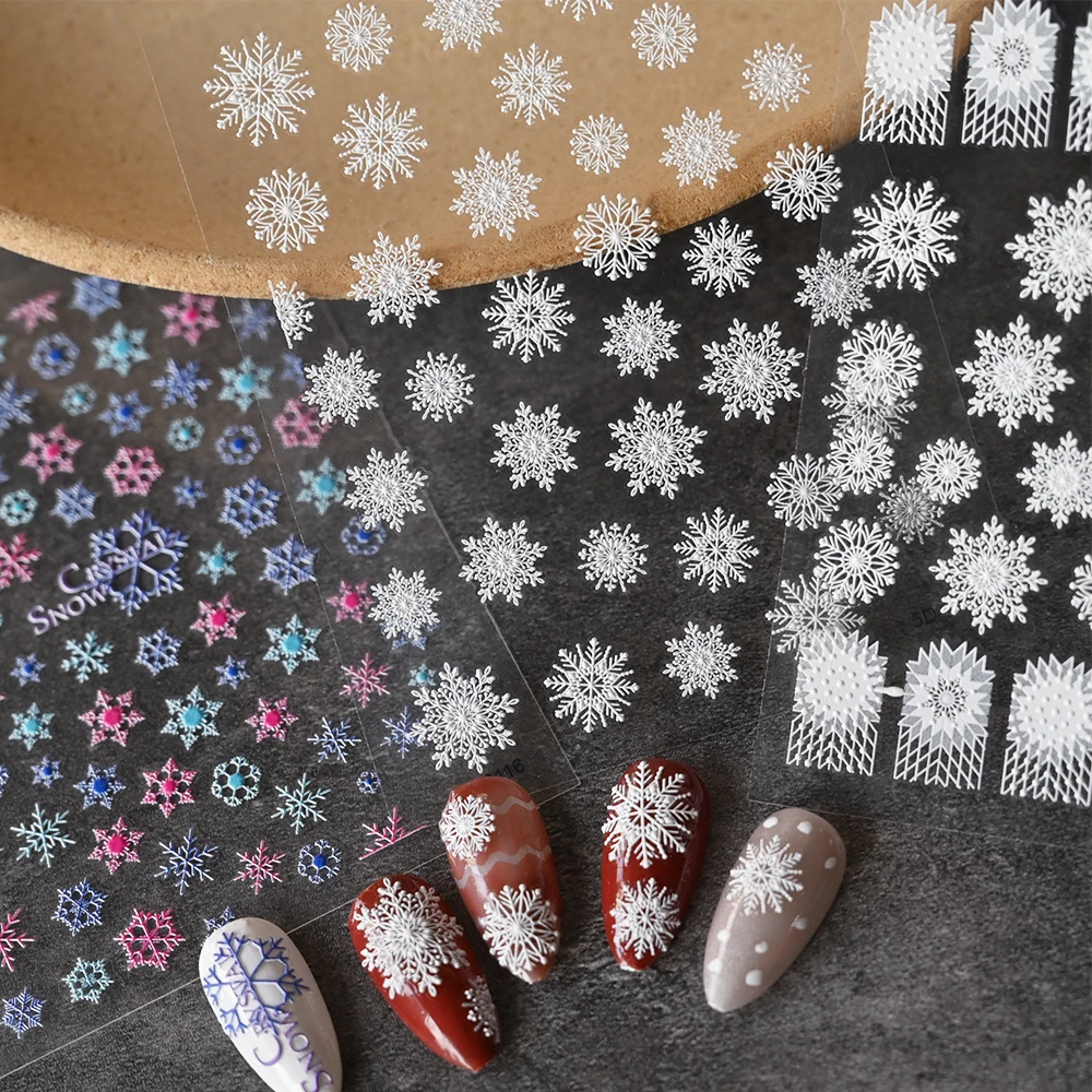 

White Snowflakes Embossed Nail Sticker Merry Christmas New Year Nail Art Design Winter Charms Flower Manicure Slider Decals