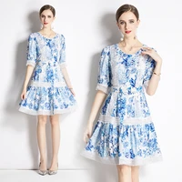 womens new summer style high end temperament round neck short sleeve court style lace printed large swing dress with belt