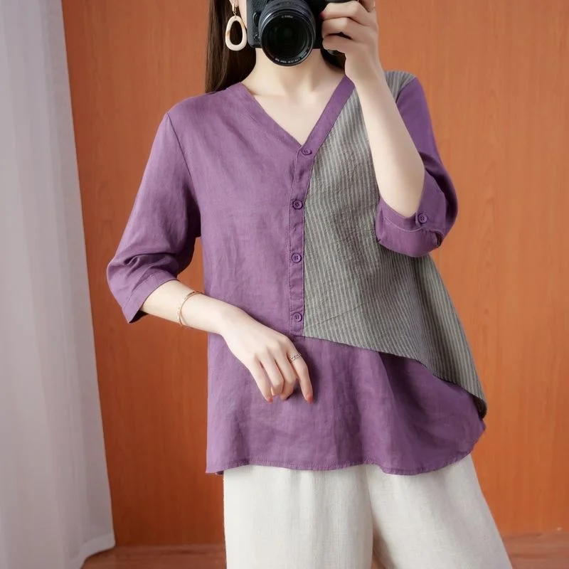 

Vintage V-neck Splicing Pullovers For Women 2023 New Loose Fashion Chic Korean Casual Top T-Shirt Elegant Fashion Tee