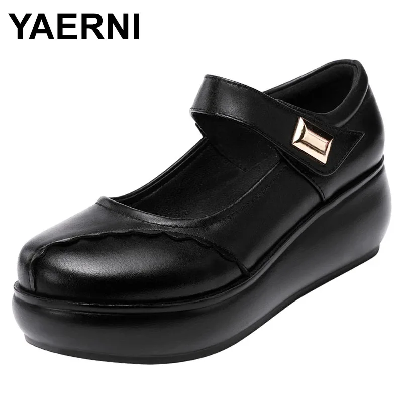 

Plus Size 34-43 Bright Leather Mary Janes Women Platform Pumps 2023 Comfortable Medium Heels Wedges Shoes Mother Dance Work