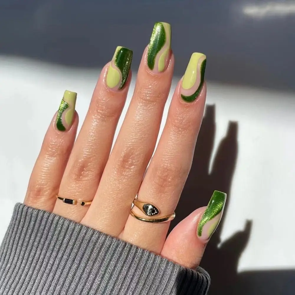 

24pcs Nail Tips Press on Nails Full Cover Green Snake Fake Nails French Ballerina Long