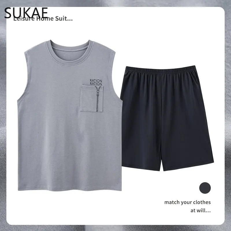 SUKAE Mens Sleepwear L-4XL Big Size Sleeveless Homsuit Pajamas Set Summer Shorts Vest Man's Loung Sets Elegant Nightwear for Boy