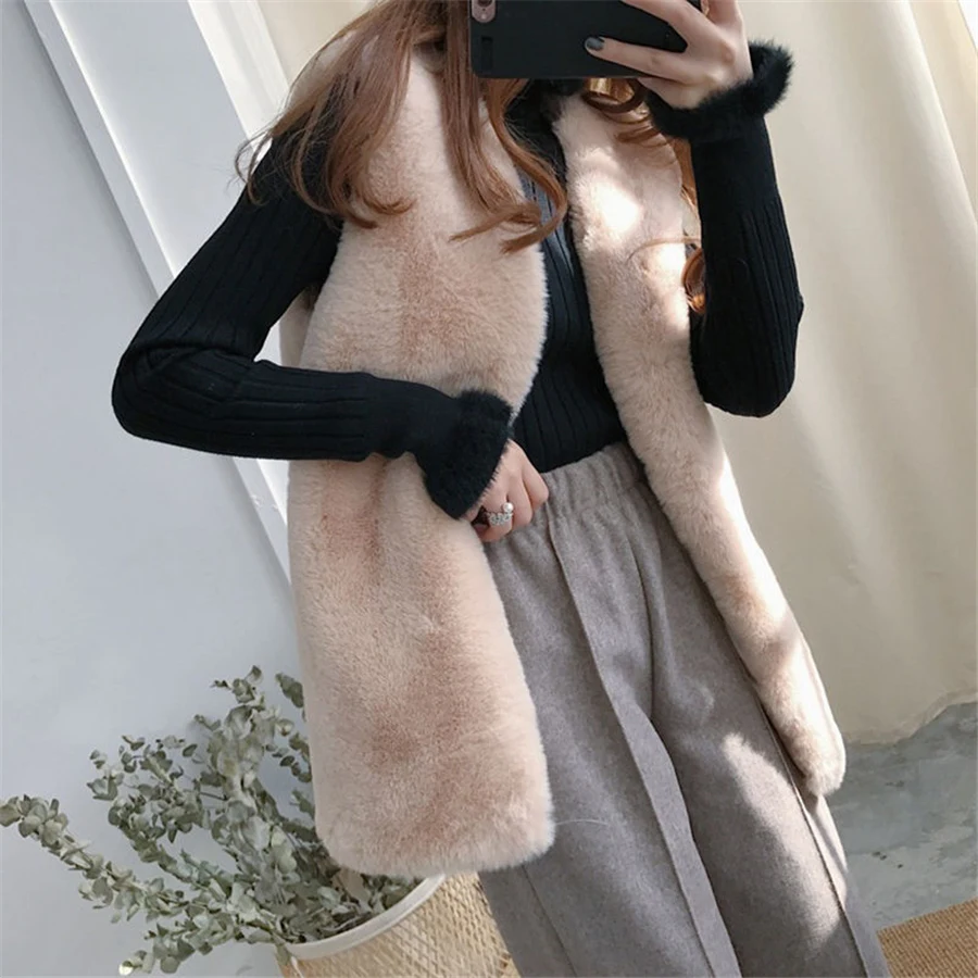 Fall Winter Mid-length Faux Rabbit Fur Vest Women Warm Thick Gilets Plush Soft Waistcoat Sleeveless Jackets Fashion Outwear Top