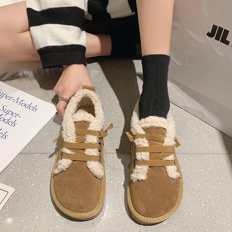2022 Winter Casual Flat Shoes Women's Snow Boots Non-slip Plus Velvet Warm Cotton Shoes Flat Lace Female Boots Size 35-40