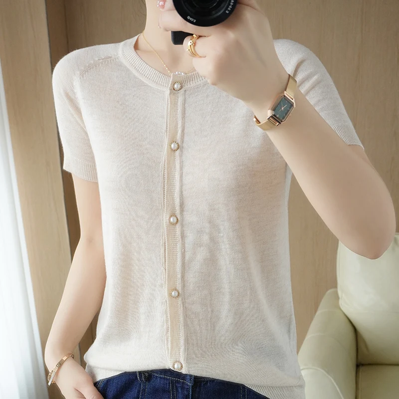 

Wool short sleeve 2022 summer new tops women's round neck cardigan vest casual knitted women's T-shirt hot sale worsted