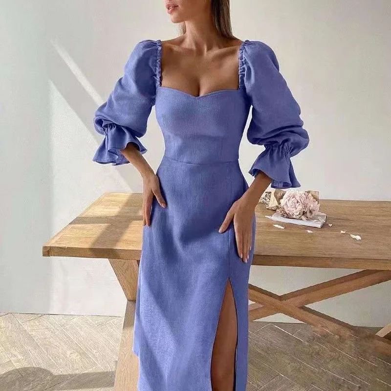 

Elegant ladies fall square neck knee-length dress glamorous solid color high fork party dress
