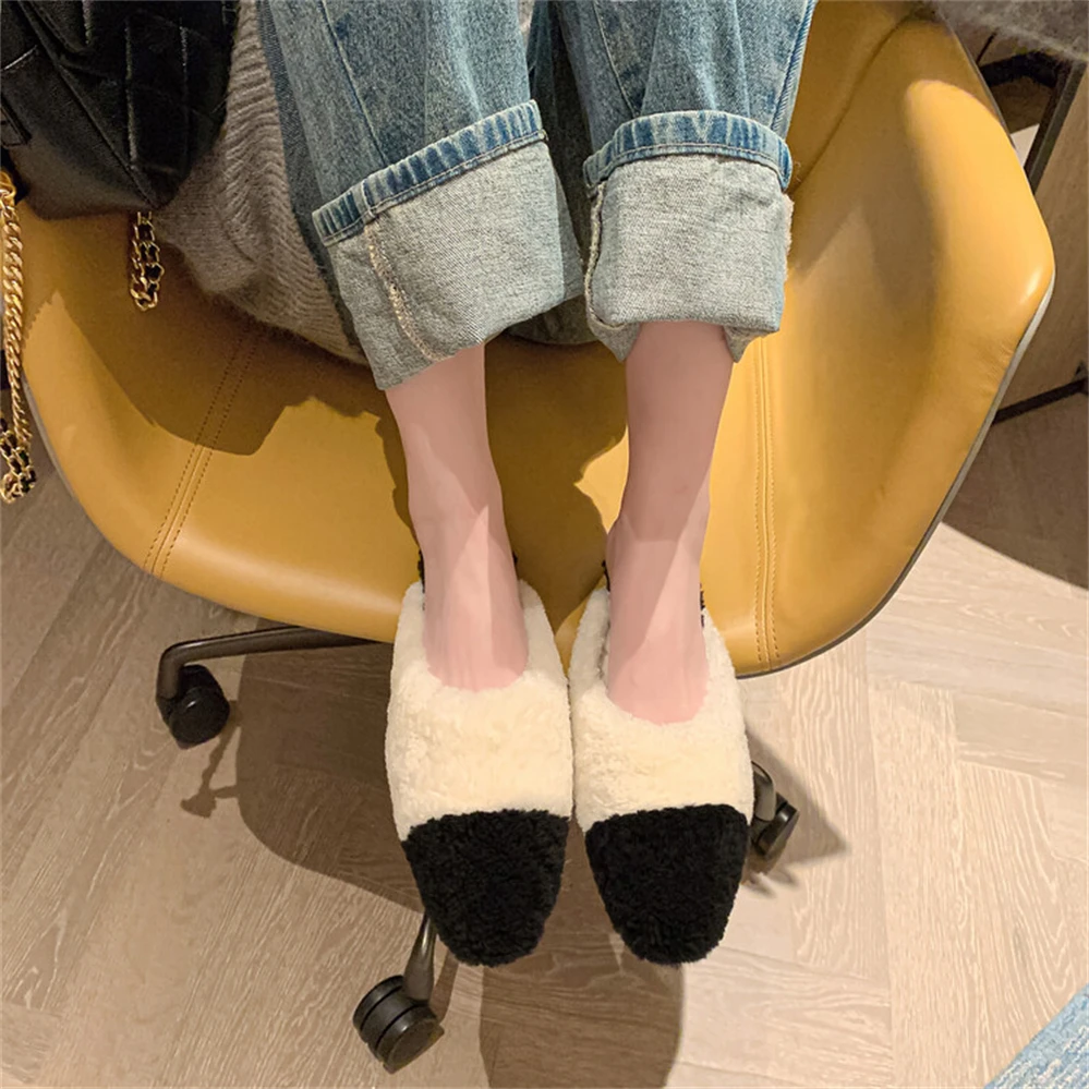 

Fur Slippers: Women's outdoor wear, autumn and winter new Korean version of fashionable flat bottomed Baotou lamb hair, fashiona