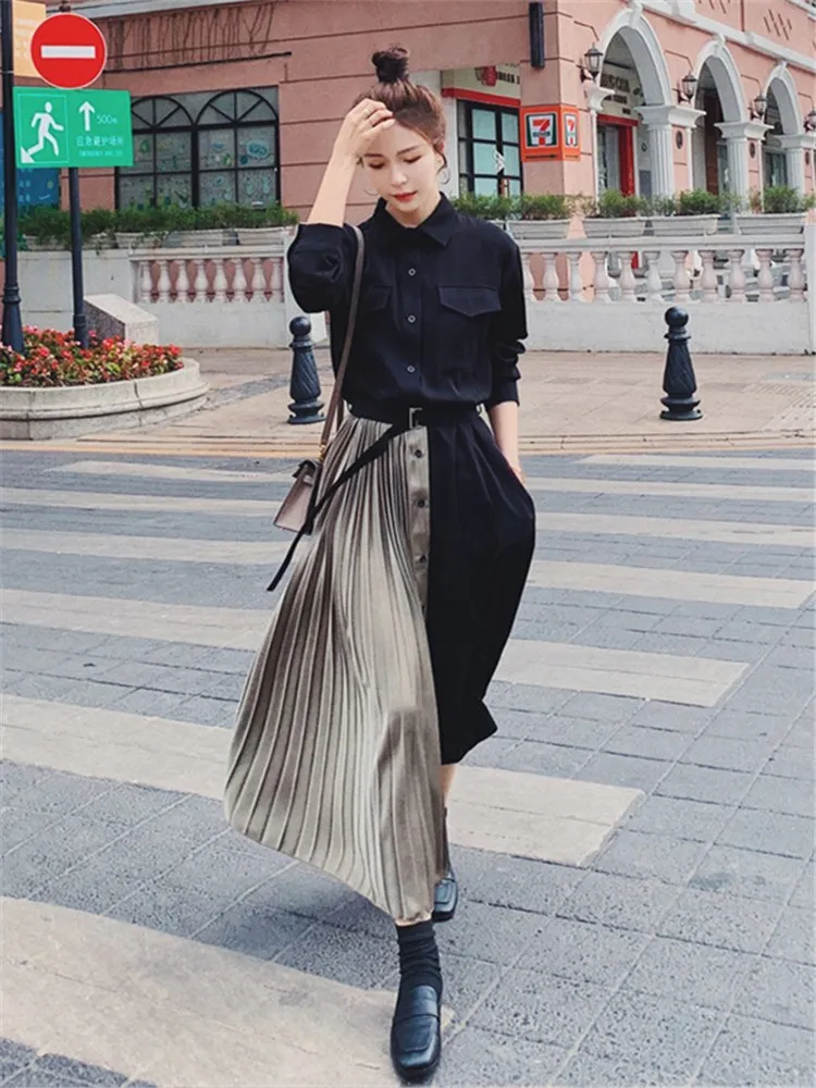 

Fashion Splice Pleated Dress Women 2022 Spring Long Sleeve Lapel Single Breasted Elegant Korean Loose Belt Shirt Dresses 8003