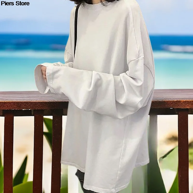 

harajuku Long T Shirt Spring Summer Solid Simple Oversized T-shirt for Women goth T-shirts Split White Black Long Sleeve Tops