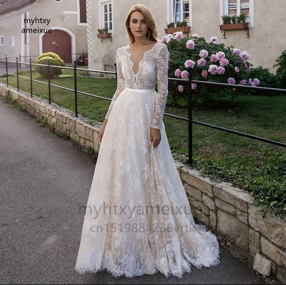 

Sexy Wedding Dress 2022 V-neck Full Sleeve Lace Appliques Sequined Sashes Backless Tulle Floor Length Bride Gowns Plus Size