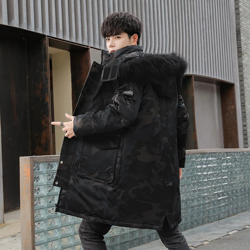White duck down winter new trend thickened men's and women's down jacket fur collar long couple tooling camo cotton coat gulf