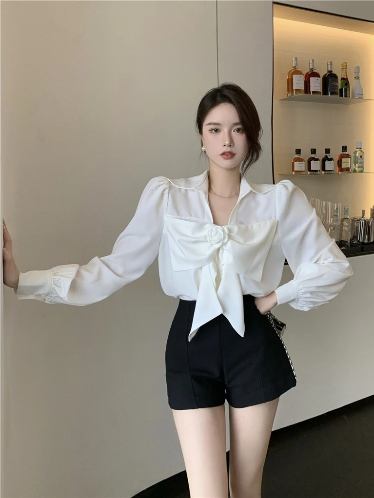Shirts Women Design Sense Bow White Long sleeve Shirt Chubby Girl Plus size New French sle Chic Top Fashion