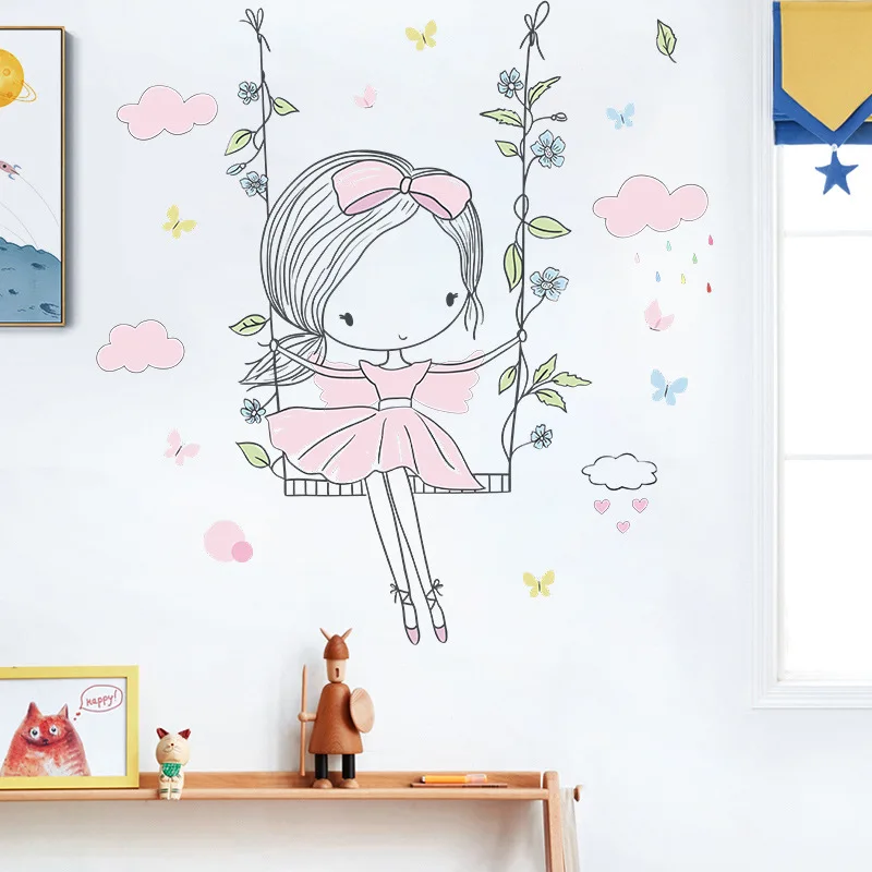 

Beautiful Swing Girl Wall Sticker Girls Room Bedroom Decor Wallpaper Vinyl Decorative Wall Decals Living Room Home Decor Murals