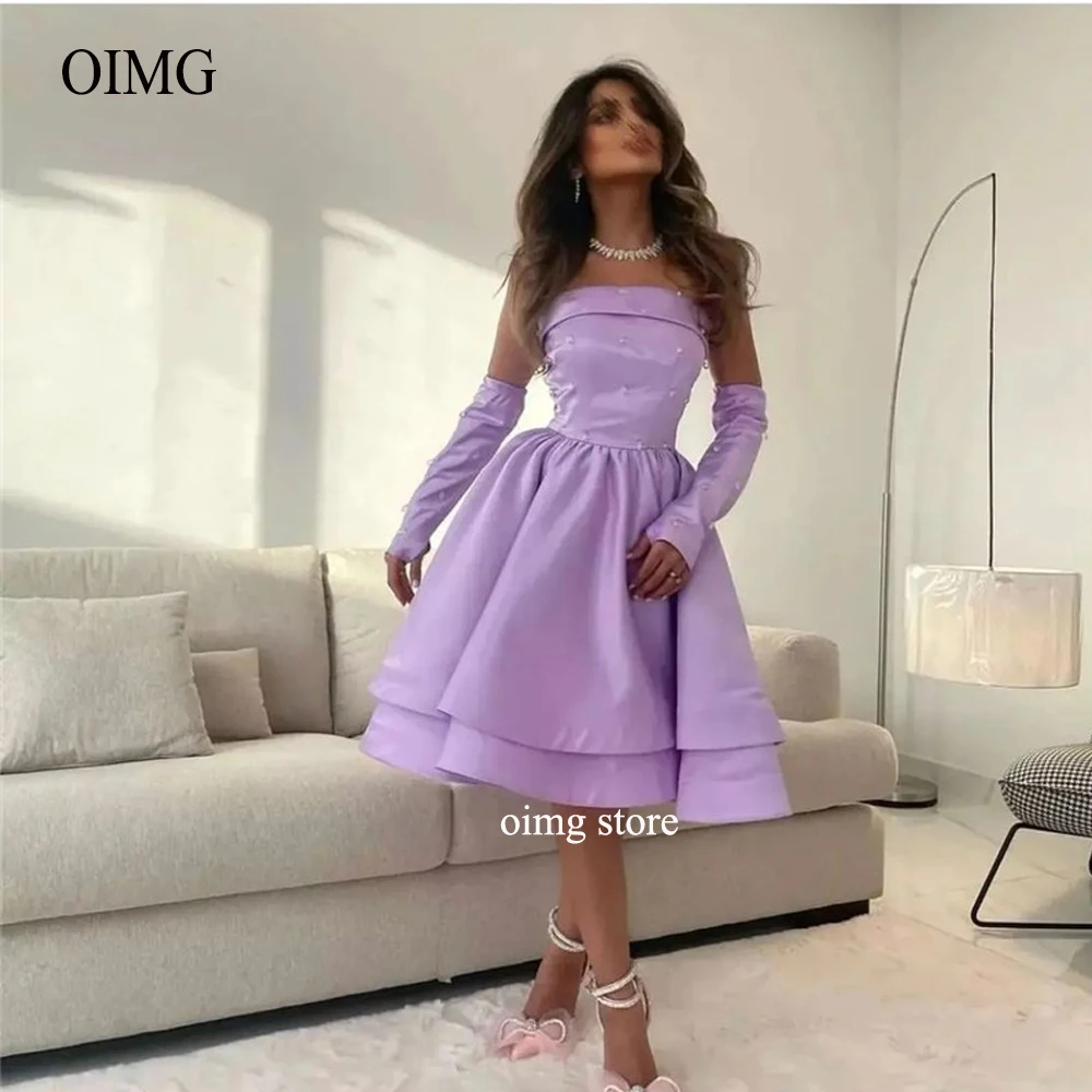 Купи OIMG Lilac Short Prom Party Dresses Knee Length StraplessPearls Satin Sleeves Layered Saudi Arabic Women Formal Cocktail Gowns за 4,303 рублей в магазине AliExpress