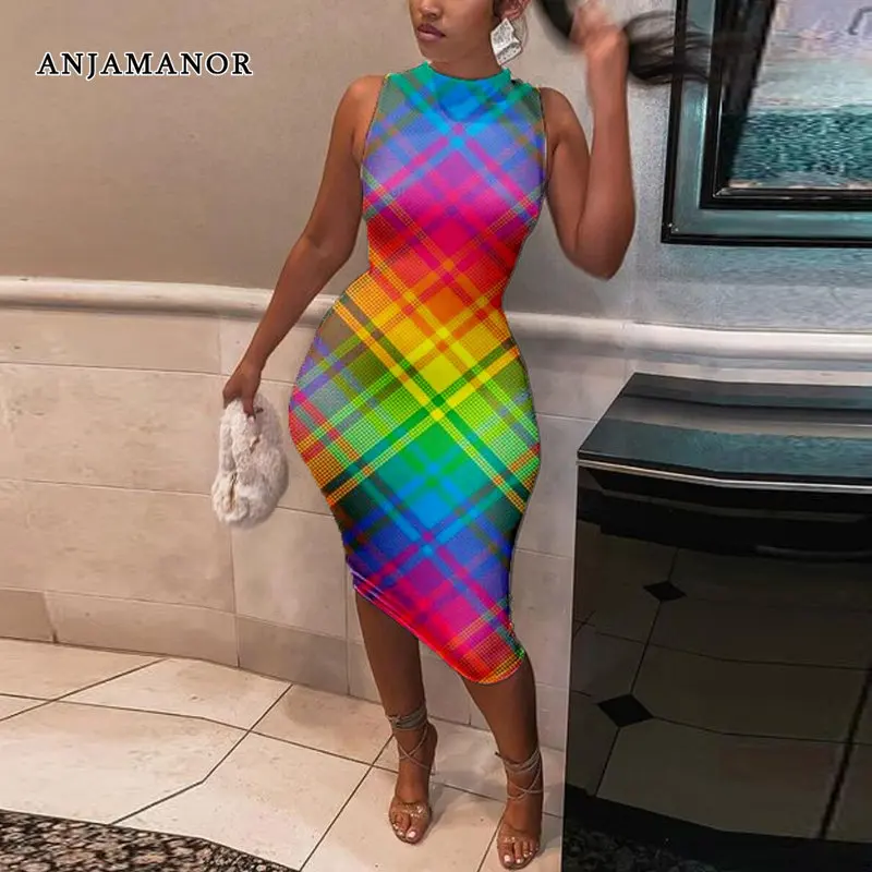 

ANJAMANOR Gradient Plaid Print Sleeveless Midi Bodycon Dress Africa Fashion Summer Outfits for Woman 2023 Club Wear D35-BH24