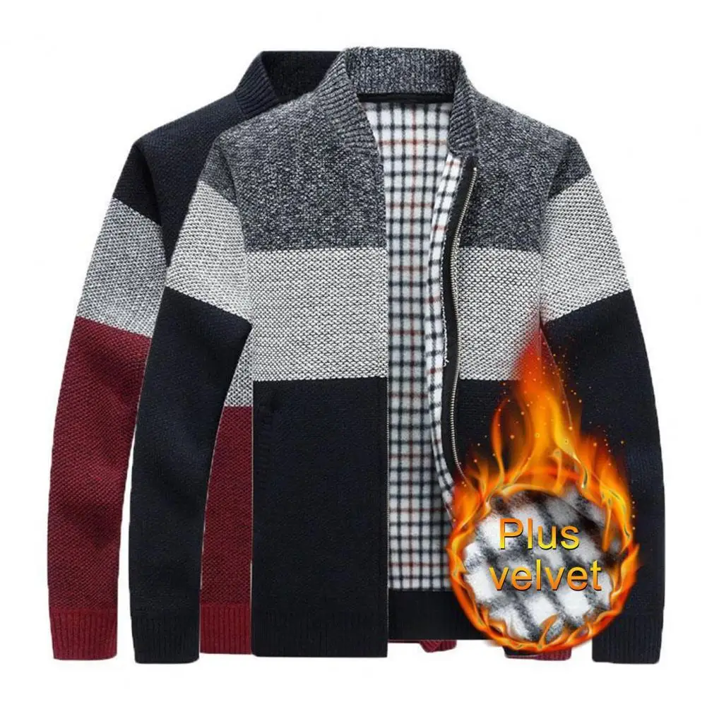 

Terrific Men Coat Patchwork Knitted Casual Stand Collar Autumn Jacket