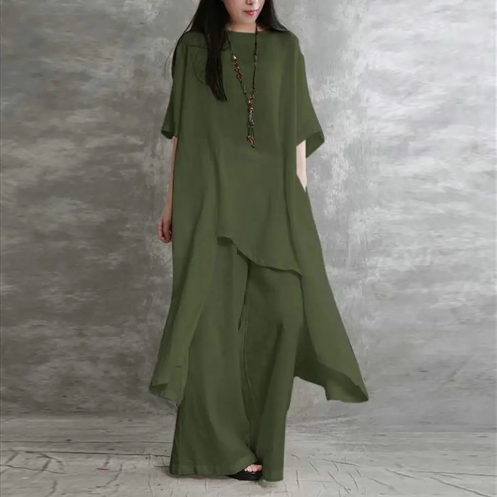 

Women Loose T-shirt Pants Set Flowy Round Neck Women's Top Pants Set with Irregular Hem Wide Leg Oversized Fit Women Pants Set