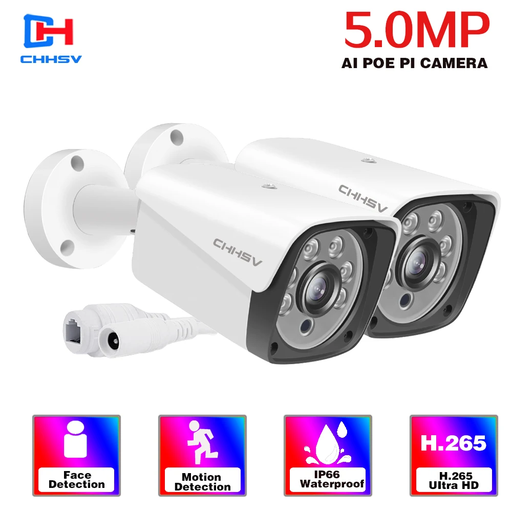 

CHHSVUltra HD 5MP Face Record 6pcs Array IR LED IR-CUT Filter Day/Night Vision POE IP Camera Metal IP66 compatible Multiple NVR