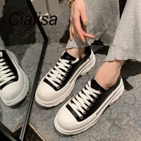cialisa black white genuine leather women shoes round toe thick platform flats lace up casual low heels sneakers spring size 40