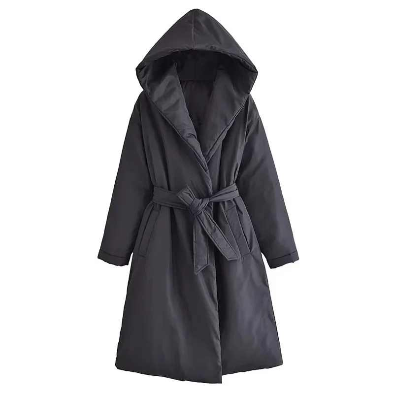 New Hooded Cotton Coat Autumn Winter Simple and Fashion Womens Dress Temperament Lace Up Medium Length Cotton Coat Women