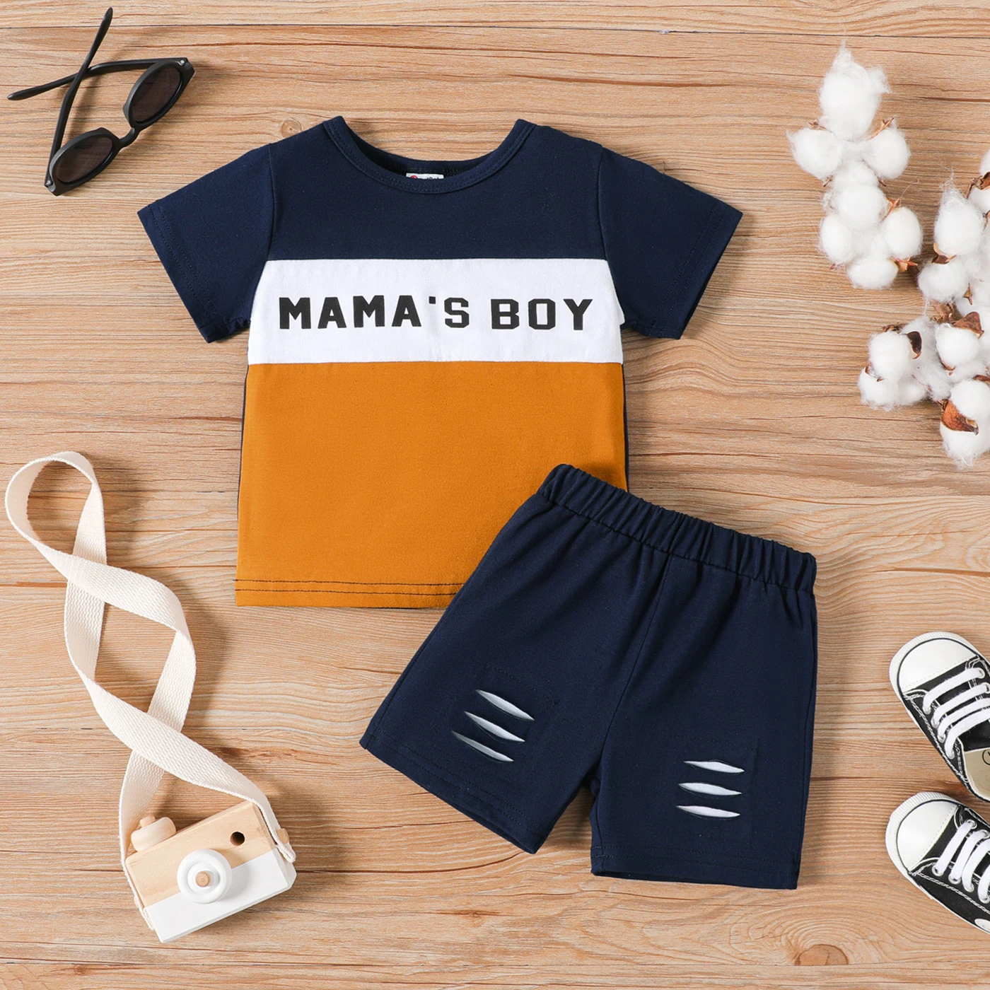 

PatPat 2pcs Baby Boy 95% Cotton Letter Print Colorblock Short-sleeve Tee and Ripped Shorts Set