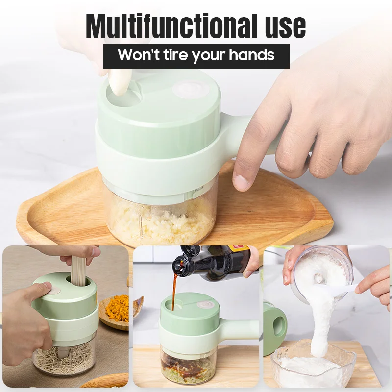 

4 In 1 Handheld Electric Vegetable Cutter Set Durable Chili Vegetable Mud Crusher Kitchen Tool Ginger Masher Machine Mixer Food