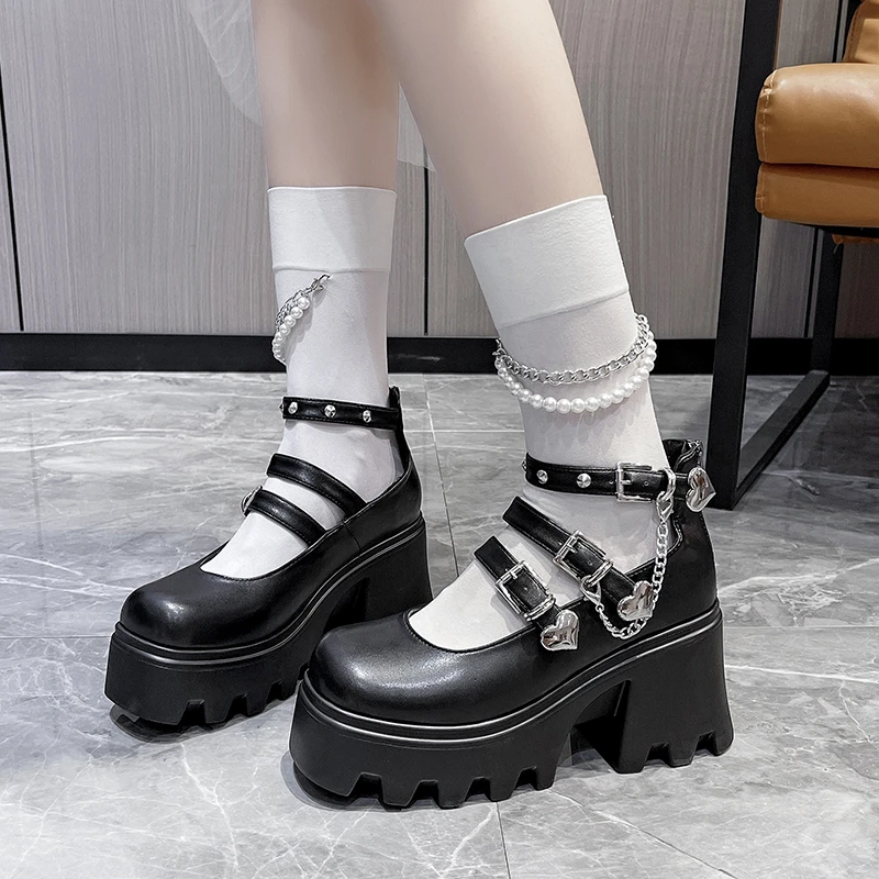 

Женские туфли на массивном каблуке, туфли в стиле «лолита», модель 2022 года, Классическая обувь в стиле панк, Туфли Мэри Джейн с пряжкой на пла...