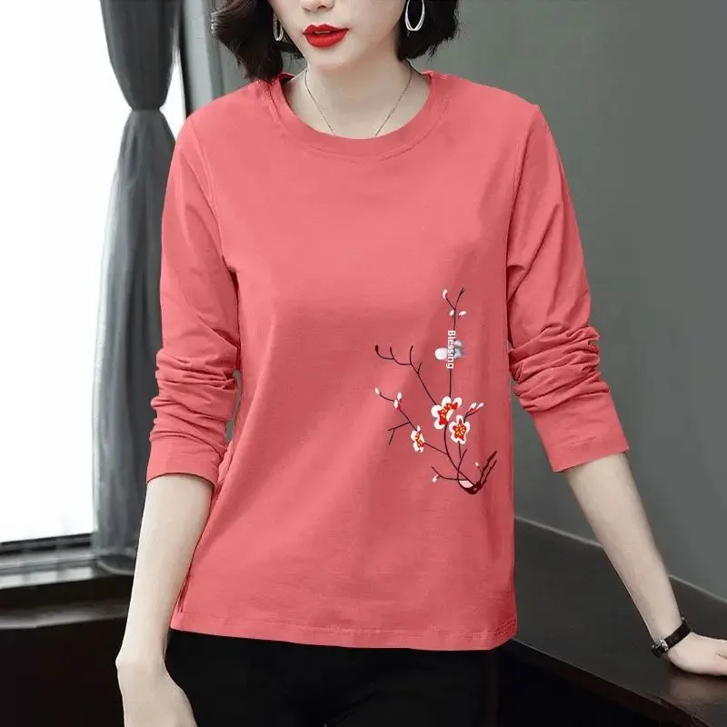 Хлопковая футболка с длинным рукавом женская свободная размера плюс базовый