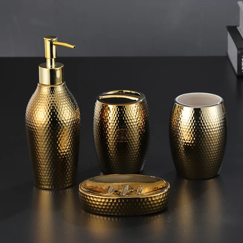 

American Nordic luxury gold plated honeycomb ceramic wash and bathroom set mouthwash brush cup toilet five piece set