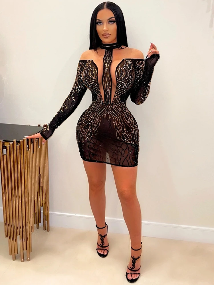 

Женское Сетчатое мини-платье со стразами, облегающие платья в стиле пэчворк, Новая Модная элегантная винтажная одежда с длинным рукавом для...