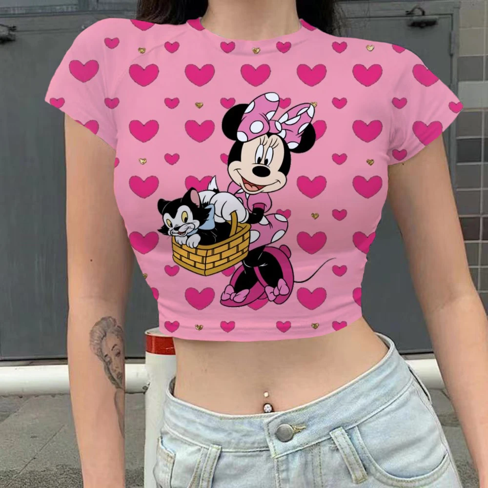 

Girls T-shirt Y2k Cute Disney Minnie Mickey Mouse Print Crop Tops T-shirts Harajuku Streetwear Summer Women Short Sleeve 90s Tee