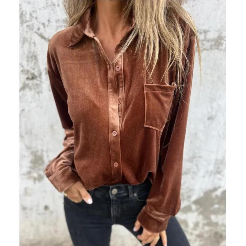 Повседневная золотая бархатная рубашка однобортный топ с длинными рукавами
