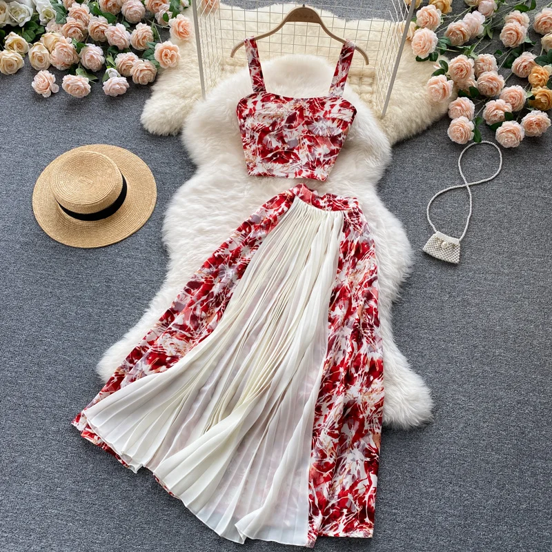 

Summer Bohemian Women Two Piece Set Sexy Strapless Camis Tops + High Waist Patchwork Pleated Skirt Female Vacation Beach Suit