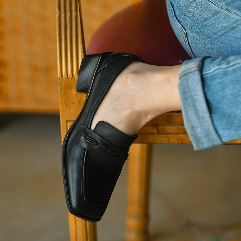 

Туфли-лодочки женские на толстом квадратном каблуке 5 см, овчина, без застежки, туфли-лодочки, ретро стиль, французский стиль, весна-осень