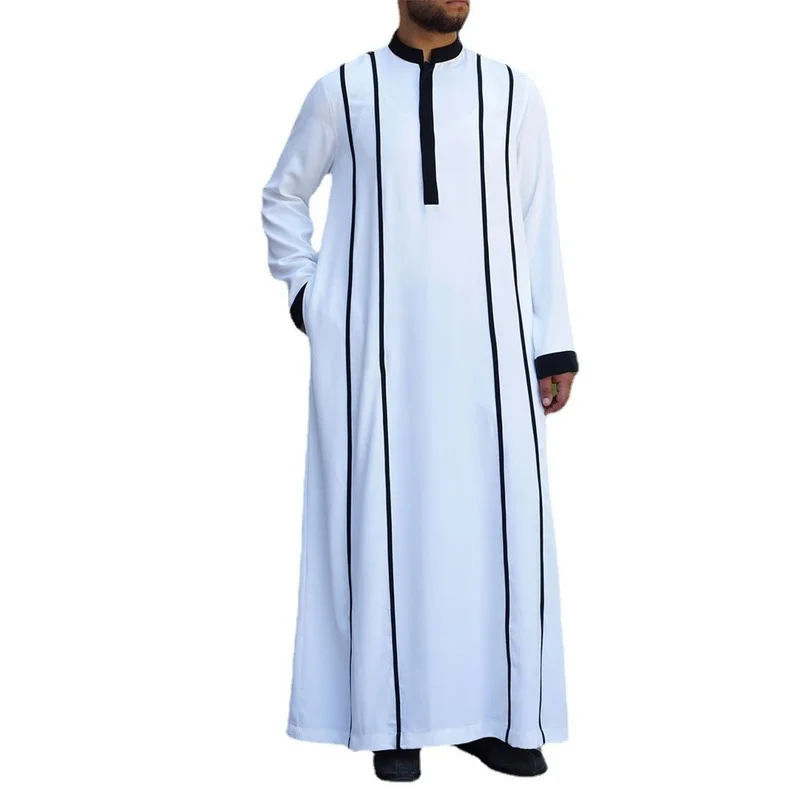 Ramadan Eid Muslim Fashion Men's White Arabian Middle East Colorblock Robe Men's Thobe Robe Muslim Abaya Khiam Islamic Clothing