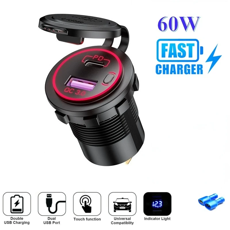 

60W PD Type C/QC 3.0 USB Car Charger with Switch Socket Power Outlet Adapter Waterproof For 12V 24V Car Truck Boat RV Motorcycle
