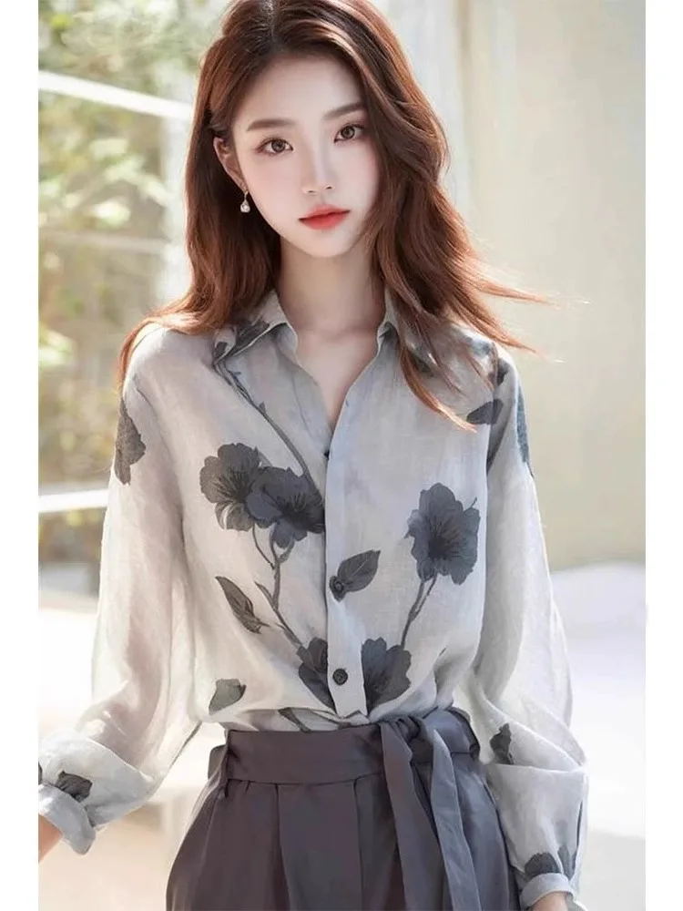 Early Autumn New Sle Temperament Top This Year Popular Unique Beautiful Small Shirt High Sense Linen Print Long sleeve Shir...