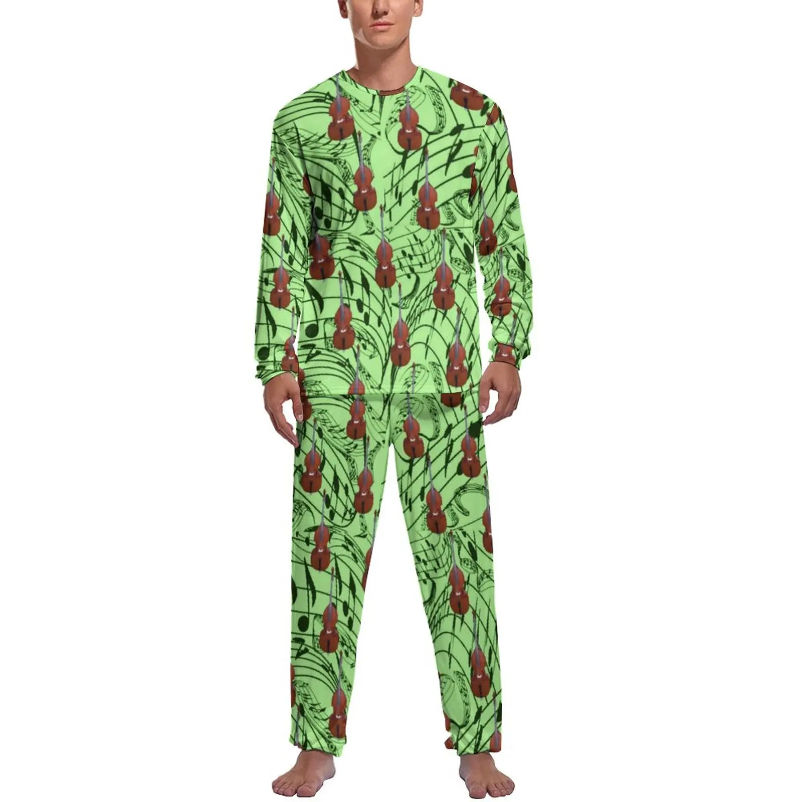 Green Music Notes Pajamas Long Sleeve Guitars Print Two Piece Casual Pajama Sets Spring Men Graphic Retro Sleepwear