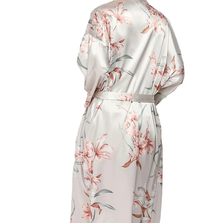 Hot Flower Print Women Night Robe Satin Silk Bathrobe Nightwear Nightgown For Women Thin Soft Sleepwear Robe