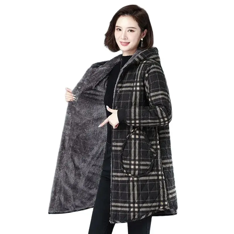 

2022 Winter Middle-Aged Elderly Women Mid-Length Plaid Hooded Cotton-Padded Clothes Mother Plus Velvet Thicke Loose Jacket A1141