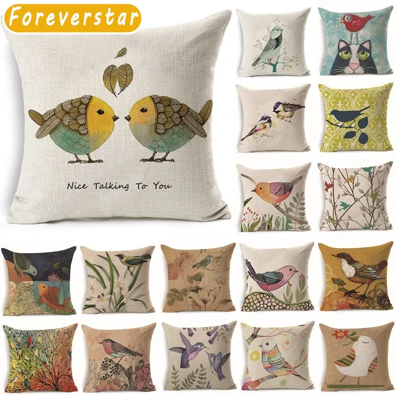 

45*45cm Bird Branch Pattern Cotton Linen Throw Pillow Cushion Cover Car Home Sofa Decorative Children Pillowcase funda cojin