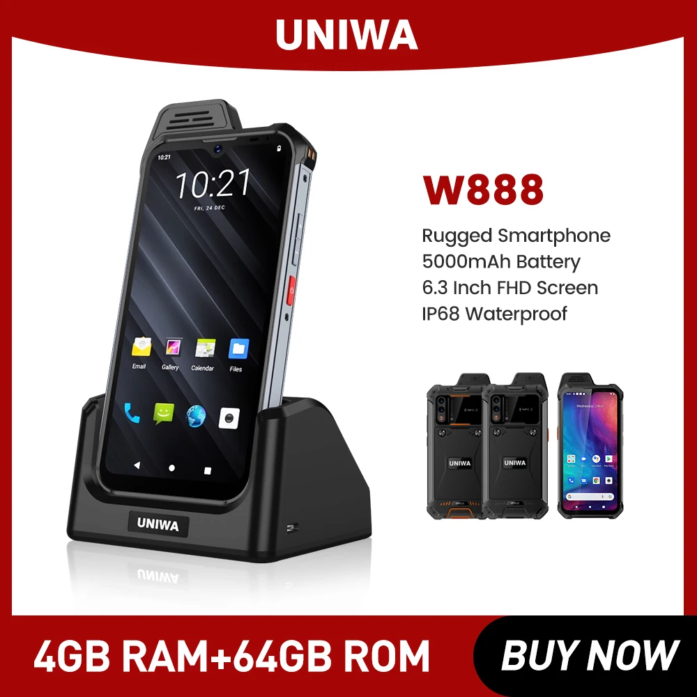 UNIWA W888 Smartphone Walkie Talkie PTT 4G Mobile Phone 4GB 64GB Andriod 11 IP68 Waterproof 5000mAh 6.3 Inch NFC Cellphone