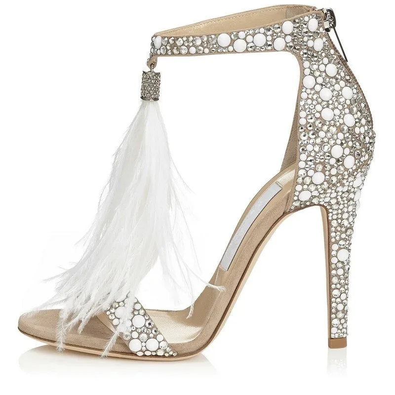 

Brand Design Glitter Crystal Sandals Women Apricot Feather Tassel High Heels Sexy Peep Toe Bridal Wedding Party Shoes On Sale